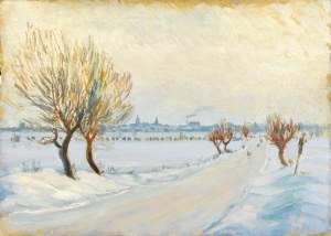 Józef PIENIĄŻEK (1888-1953), Pejzaż zimowy z miastem w tle