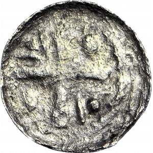 R-, Ladislav I. Herman 1081-1102, denár, Vroclav, hlava sv. Jána