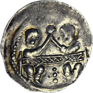 Bolesław IV Kędzierzawy 1146-1157, Denar dwaj bracia za stołem, 3 kropki pod stołem i 3 obok rycerza