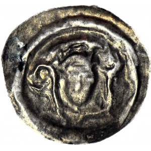 RR-, Polska dzielnicowa, Henryk I Brodaty 1201-1238 lub H. II Pobożny 1238-1241, Brakteat ratajski, Głowa biskupa z pastorałem i krzyżem