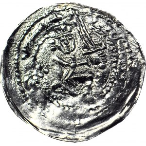 RR-, Przemysław I 1247-1257 i Bolesław Pobożny 1239-1279, Denar, Gniezno, Głowa/Książę z mieczem