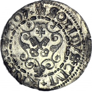 R-, Zygmunt III Waza, Szeląg 1607, Ryga, rzadki PO:DxII, menniczy