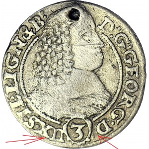 RRR-, Sliezsko, Juraj III. z Brestu, 3 krajcary 1659, Brzeg, D(3)UX namiesto DU(3)X, najvzácnejší ročník