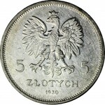 RRR- 5 złotych 1930, HYBRYDA, awers GŁĘBOKI SZTANDAR, niekatologowana