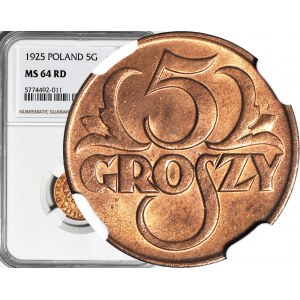 5 groszy 1925, mennicze, JEDYNA SZTUKA NGC W RD