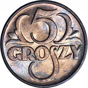 5 groszy 1938, mennicze, kolor czerwono-brązowy
