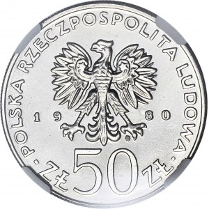 50 złotych 1980, PRÓBA NIKIEL, Chrobry, rzadki stempel lustrzany PF (zamiast MS)