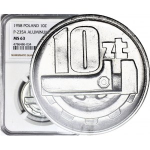 RRR-, 10 złotych 1958 PRÓBA Aluminium (nikiel był bity w 1960) Klucz francuski, PIERWSZY RAZ NA RYNKU