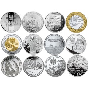 Zestaw dwunastu monet kolekcjonerskich 10 złotych, idealne mennicze egzemplarze