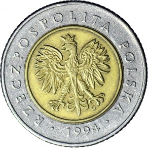 RR-, 5 złotych 1994, DESTRUKT, ODWROTKA 175 stopni