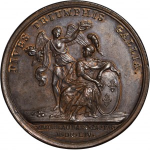 Francja, Ludwik XIV, Medal 1654 brąz, Dives Triumphis Gallia, suita J Mauger, menniczy