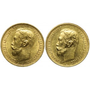 Rosja, Mikołaj II, Zestaw dwóch monet złotych 5 rubli, bardzo ładne