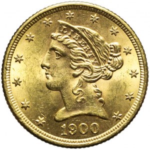 Stany Zjednoczone Ameryki (USA), 5 dolarów Liberty Head, 1900, Filadelfia, piękne