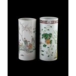 Two cylindrical painted porcelain vases. China, 20th century.