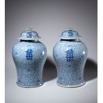 A pair of large blue-painted potiches with lids. China, Republic period (1912-1949).