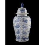 Large porcelain vase with a lid decorated with a carp motif on a plant background. China. 20th century.
