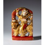 Carved, painted, and partially gilded alabaster stele depicting the goddess Durga. India, Rajasthan, 19th century.