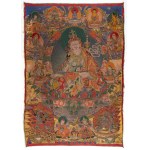 Buddhist thangka depicting Guru Padmasambhava between Bodhisattvas and terrifying deities. Jacquard tapestry in silk and gold thread. Tibet, 19th century.