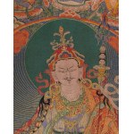 Buddhist thangka depicting Guru Padmasambhava between Bodhisattvas and terrifying deities. Jacquard tapestry in silk and gold thread. Tibet, 19th century.