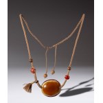 Necklace with orange-white zoned agate Lukmik pearl , with carnelian, wood, bone, and silver beads. Tibet, 18th century.