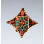 A Gau amulet holder made of gilded copper and semiprecious stones. Tibet, 19th century