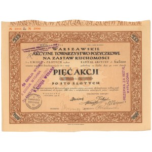 Warszawskie Akc. Tow. Poż. na Zastaw Ruchomości, Em.1, 5x 100 zł 1926