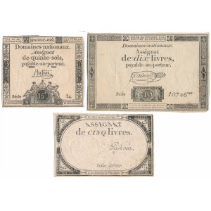 Francja, Asygnata 15 Sols i 5-10 Livres 1792-1793 (3szt)