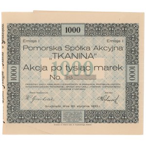 Pomorska Sp. Akc. TKANINA, Em.1, 1.000 mkp 1922