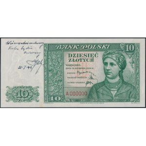 Londyn, 10 złotych 1939 - druk próbny zielony - znak wodny od 20 złotych