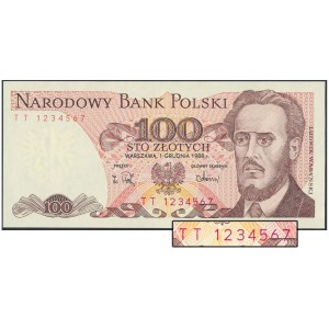 100 złotych 1988 - numer kolejny - TT 1234567