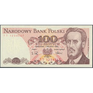 100 złotych 1988 - numer kolejny - TT 1234567