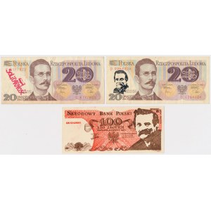 Solidarność, 100 złotych 1983 Lech Wałęsa i 2x20 złotych 1982 z nadrukami (3szt)