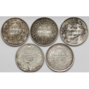 British India, 1 Rupee 1840-1938 (5pcs)