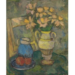 Jerzy Fedkowicz (1891-1959), Still life with yellow and pink flowers and a chair, circa 1942.
