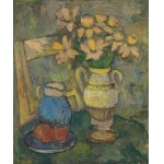 Jerzy Fedkowicz (1891-1959), Martwa natura z żółto-różowymi kwiatami i krzesłem, ok. 1942