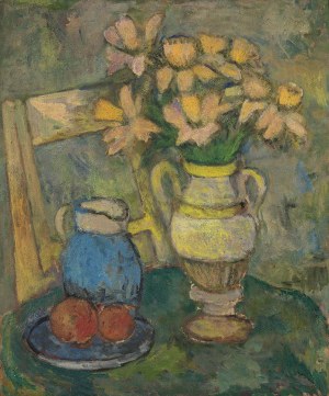 Jerzy Fedkowicz (1891-1959), Martwa natura z żółto-różowymi kwiatami i krzesłem, ok. 1942