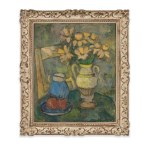 Jerzy Fedkowicz (1891-1959), Still life with yellow and pink flowers and a chair, circa 1942.