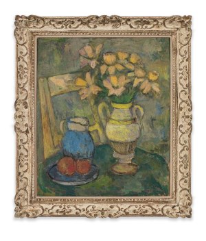 Jerzy Fedkowicz (1891-1959), Martwa natura z żółto-różowymi kwiatami i krzesłem, ok. 1942