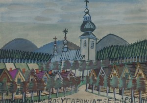 Nikifor Krynicki, PEJZAŻ Z KOŚCIOŁEM, lata 60. XX w.