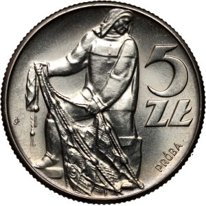 People's Republic of Poland, 5 zlotych 1959, Fisherman, SAMPLE, nickel
