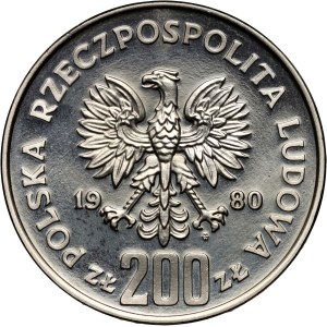 People's Republic of Poland, 200 zlotys 1980, Lake Placid Olympic Games, torch, SAMPLE, nickel