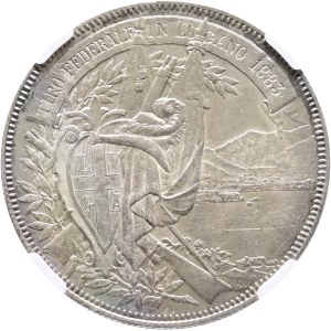Schweiz - Tessin / Ticino - 5 Franken 1883, Schützentaler - Lugano, Eidgenössisches Schützenfest / Tiro federale - NGC MS 61 - Switzerland, 5 Francs Swiss Shooting Thaler