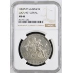 Schweiz - Tessin / Ticino - 5 Franken 1883, Schützentaler - Lugano, Eidgenössisches Schützenfest / Tiro federale - NGC MS 61 - Switzerland, 5 Francs Swiss Shooting Thaler