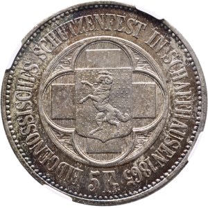 Schweiz - Schaffhausen - 5 Franken 1865, Schützentaler - Eidgenössisches Schützenfest - NGC MS 62 - Switzerland, 5 Francs Swiss Shooting Thaler