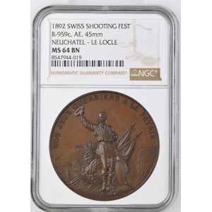 Schweiz - Neuchâtel / Neuenburg - Kupfermedaille 1892 - Le Locle, Tir cantonal neuchâtelois - NGC MS 64 BN - Switzerland, Swiss Shooting Medal