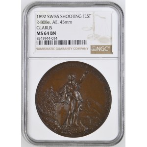 Schweiz - Glarus - Kupfermedaille 1892 - Eidgenössisches Schützenfest - NGC MS 64 BN - Switzerland, Swiss Shooting Medal