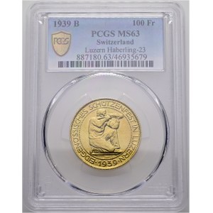 Schweiz - Luzern - 100 Franken 1939, Schützentaler - Luzern, Eidgenössisches Schützenfest - PCGS MS 63 - Switzerland, 100 Francs Swiss Shooting Thaler