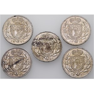 Liechtenstein, Lot of 5 - 1 Krone 1900, 1904, 1910, 1915 & 1 Franken 1924 - Johann II
