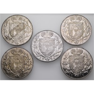 Liechtenstein, Lot of 5 - 5 Kronen 1900, 1904, 1910, 1915 & 5 Franken 1924 - Johann II