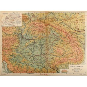 WĘGRY, RUMUNIA. Mapa fizyczna krajów karpackich po traktacie w Trianon w 1920 r.; oprac. B. Gusta…